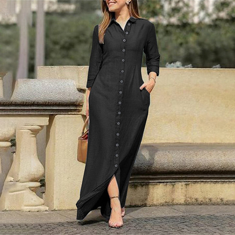 Casual Button Down Denim Maxi Dress Long Sleeve Long Jean Dresses With Pockets