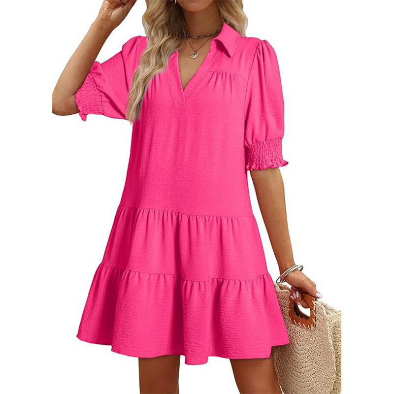Women's Clothing Casual Polo Collar V-neck Half Sleeves Pleated Dress