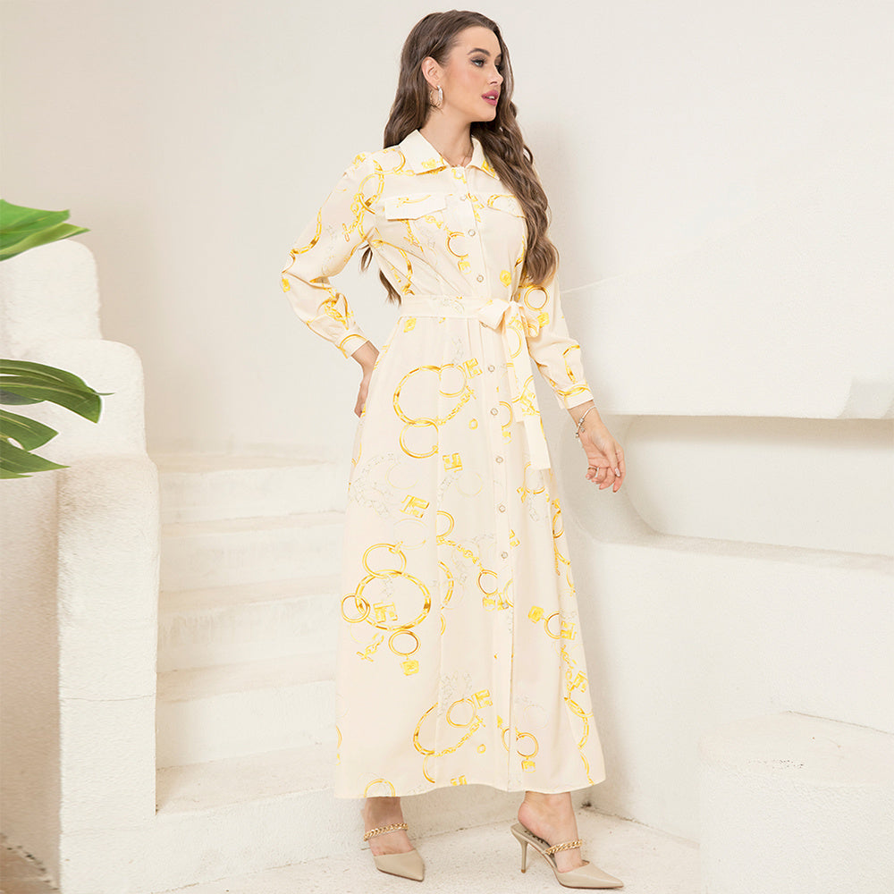 Elegant Style Lapel Chain Pattern Printing Buttons Pocket Belt Shirt Sleeve Long Dresses