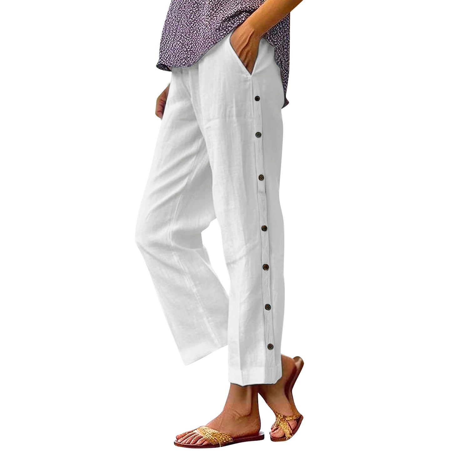Cropped Pants With Decorative Buttons Along The Side Seams