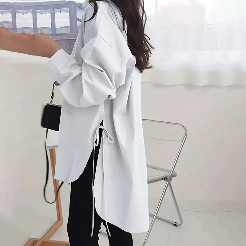 Women's Casual Loose-Fit Long Sleeve Shirt - Side Slit Tie Detail Button-Down Blouse, Solid Color Spring&Fall Top