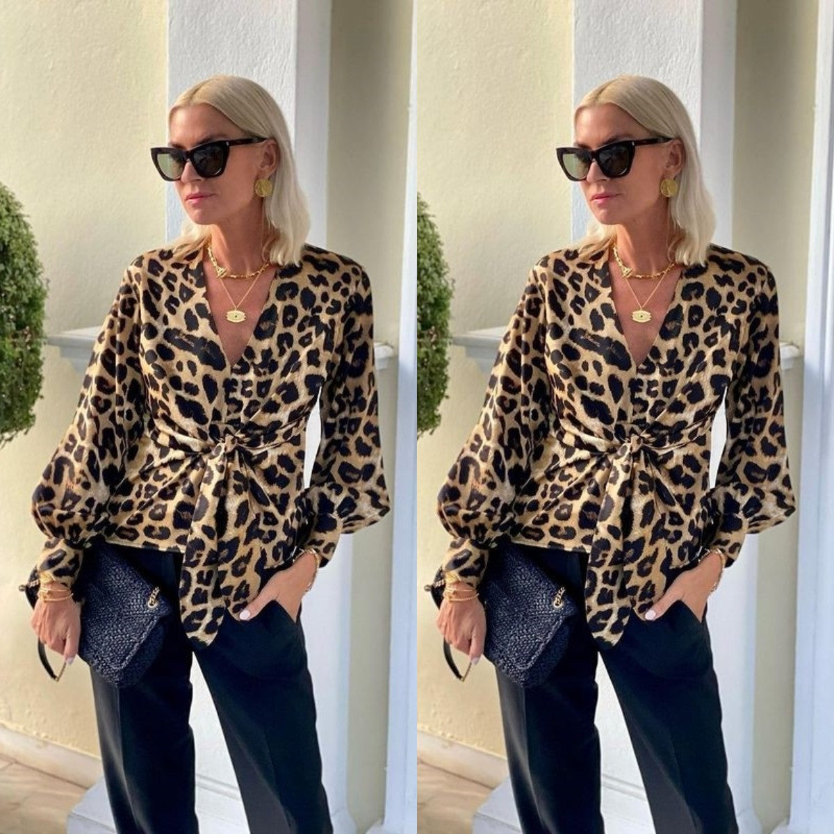 New Leopard-Print Lace-Up V-Neck Elegant Long-Sleeve Shirt