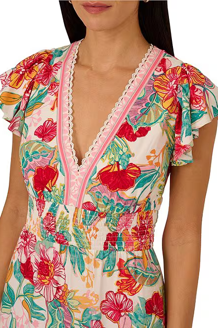 Adrianna Papell Floral V-Neckline Flutter Cap Short Sleeves Maxi Dress