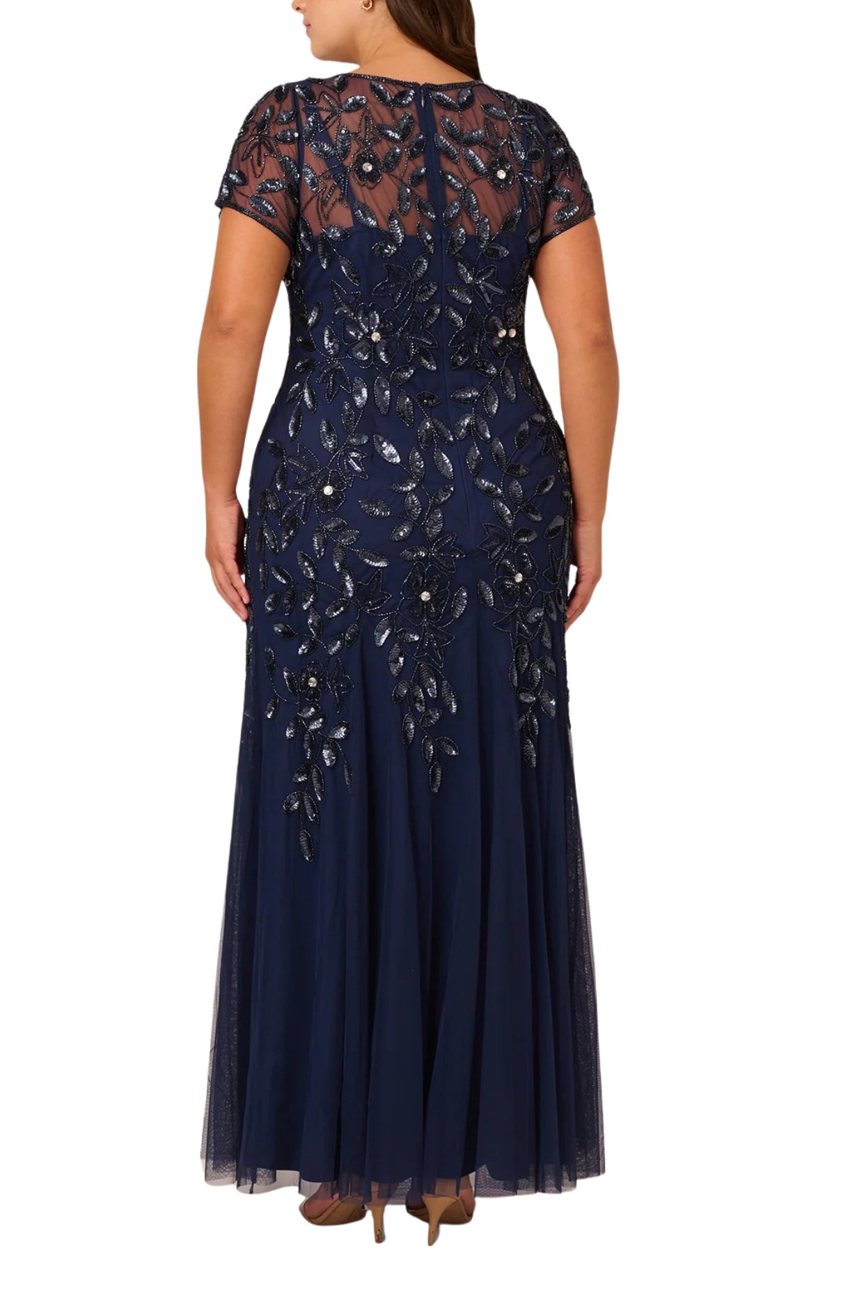 Adrianna Papell Boat Neck Short Sleeves Back Zipper Long Beaded Mesh Dress (Plus Size)