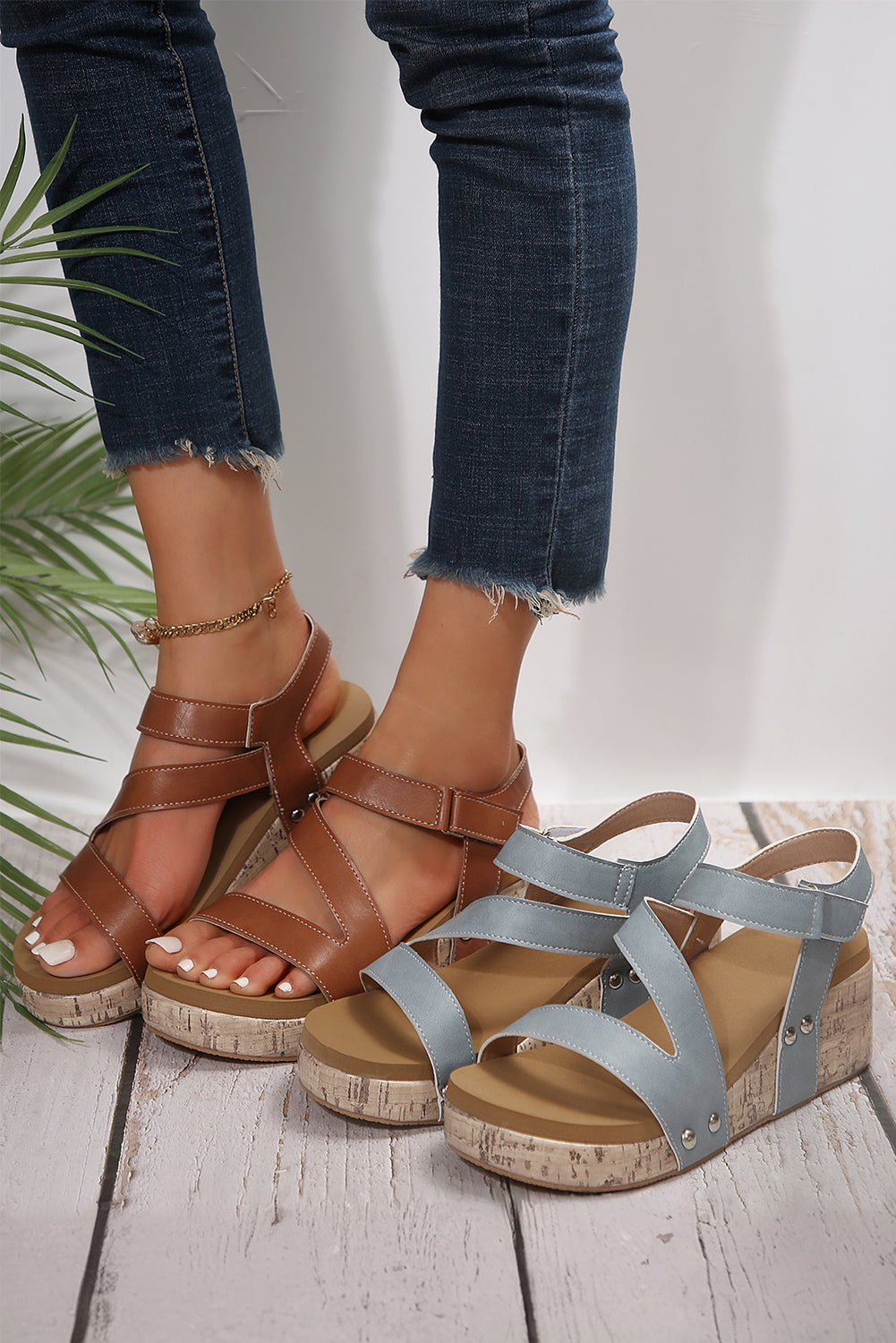 Hollow Out Velcro Leather Wedge Sandals