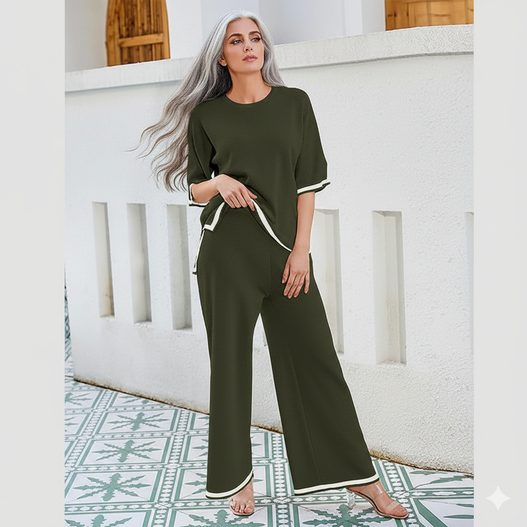 New Knitting Suit Sweater Suit Short Sleeve Pullover Wide Leg Pants