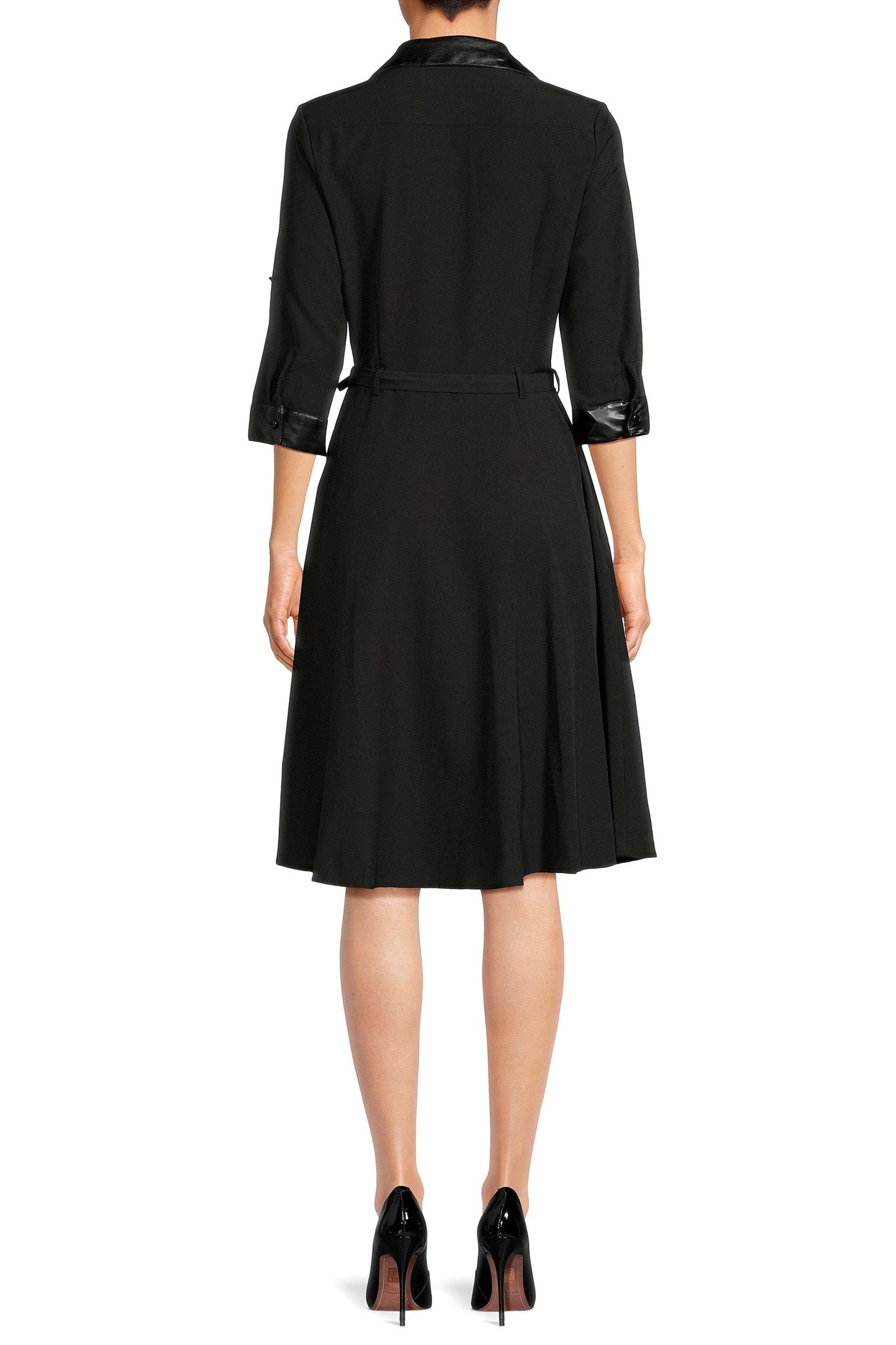 Sharagano Pointed Collar 3/4 Sleeves Button Closure Belted Stretch Crepe Dress with Pockets