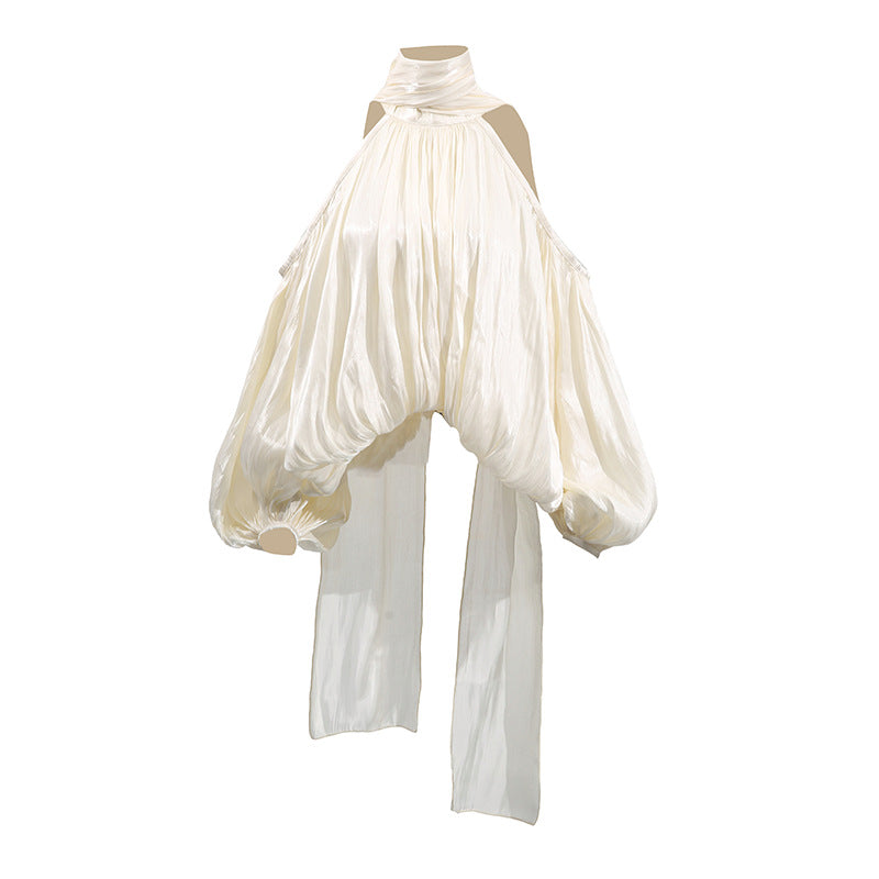 French Style Temperament Bow Lace-up Off-shoulder Chiffon Shirt Women's New Sweet Halter Puff Sleeve Loose Top