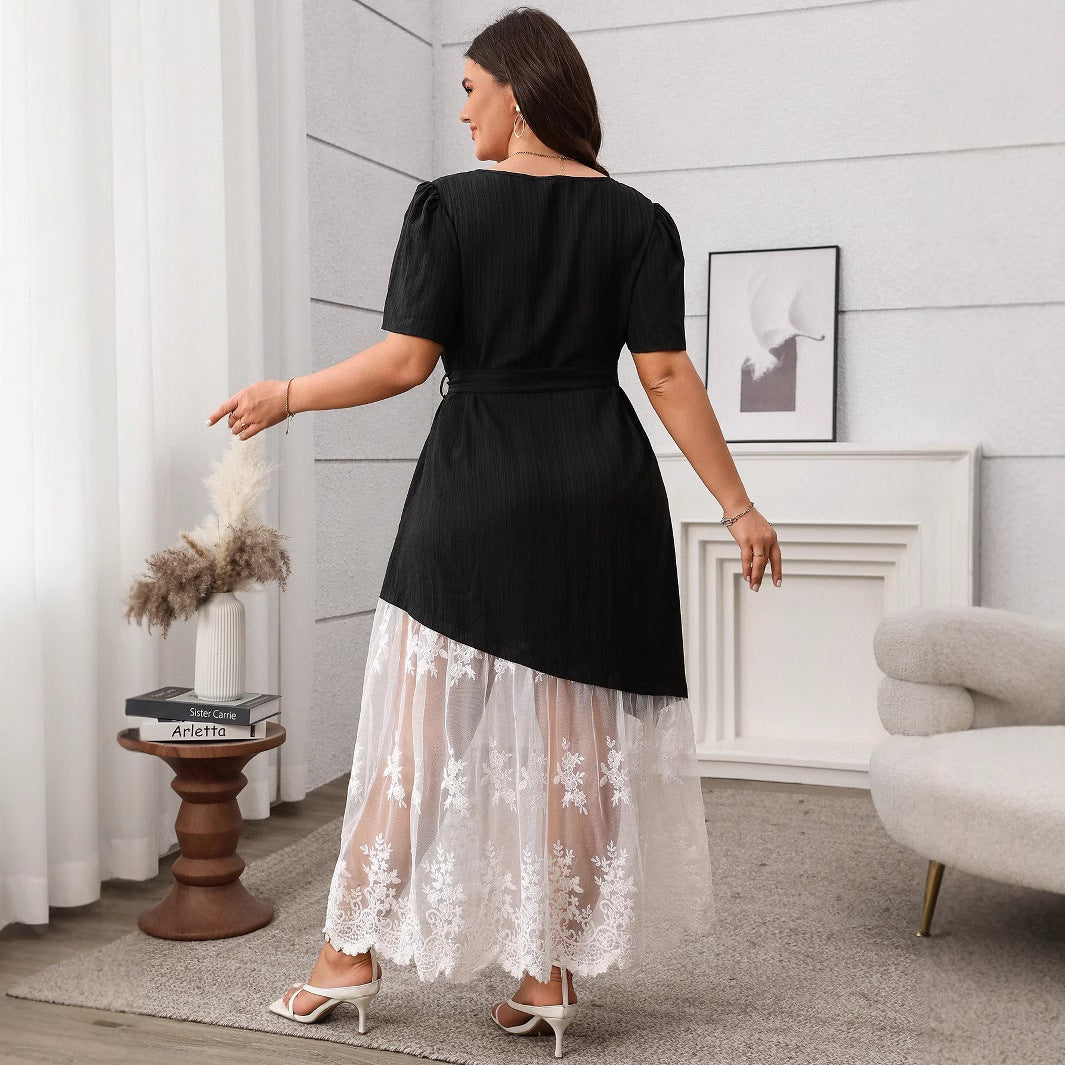 Stitching Lace Tie Waist Dress Loose