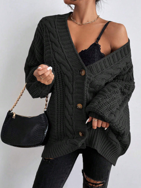 V neck Sweater Women Retro Loose Twist Lantern Sleeve Cardigan Knitted Coat