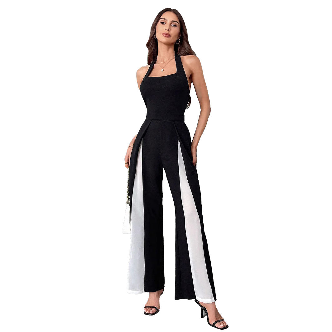 Black And White Straight Leg Halter Jumpsuit