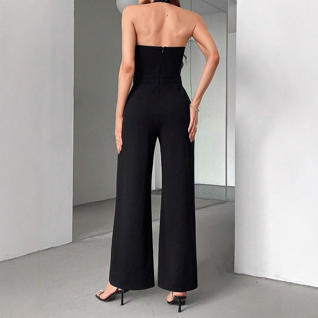 Black And White Straight Leg Halter Jumpsuit