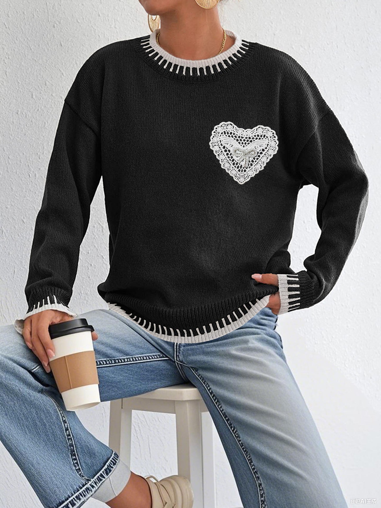 Autumn Winter Women Clothing Color Contrast Patchwork Loose Sweater Three Dimensional Bright Brick Butterfly Lace Love Pocket