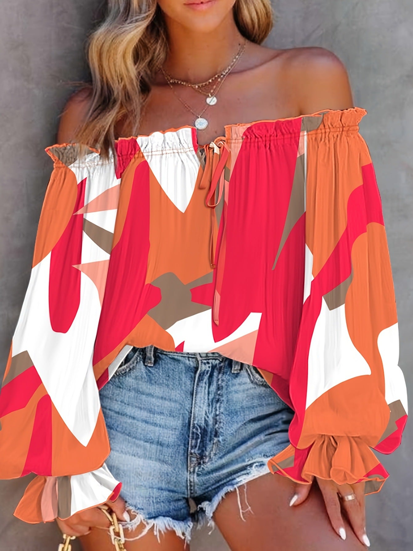 Printed Off-the-shoulder V-neck Lantern Sleeve Shirt