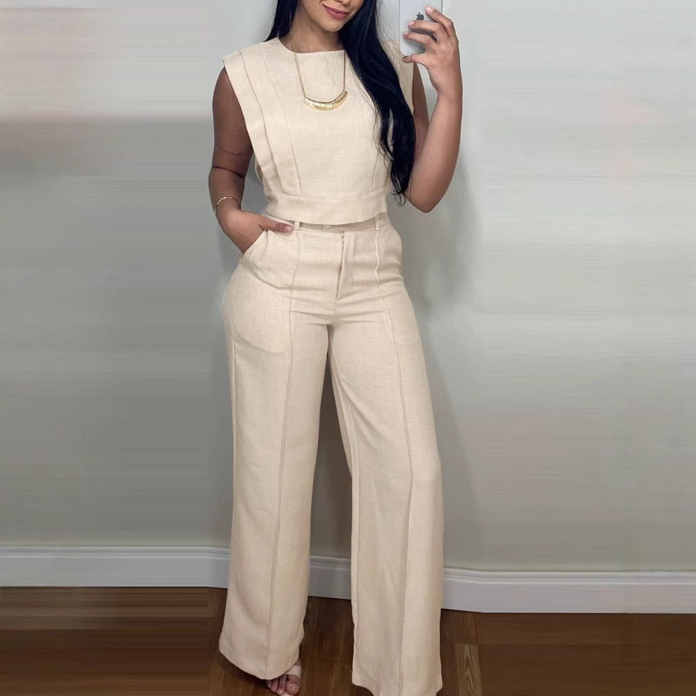 Sleeveless Suit Fashion Round Neck Vest Top And Pocket Straight Pants Casual Trousers Set For Women Clothing