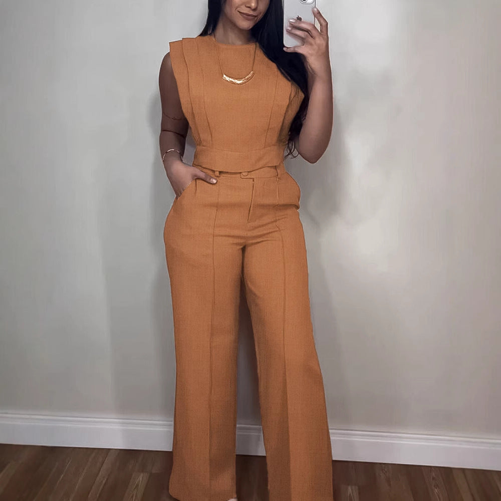 Sleeveless Suit Fashion Round Neck Vest Top And Pocket Straight Pants Casual Trousers Set For Women Clothing