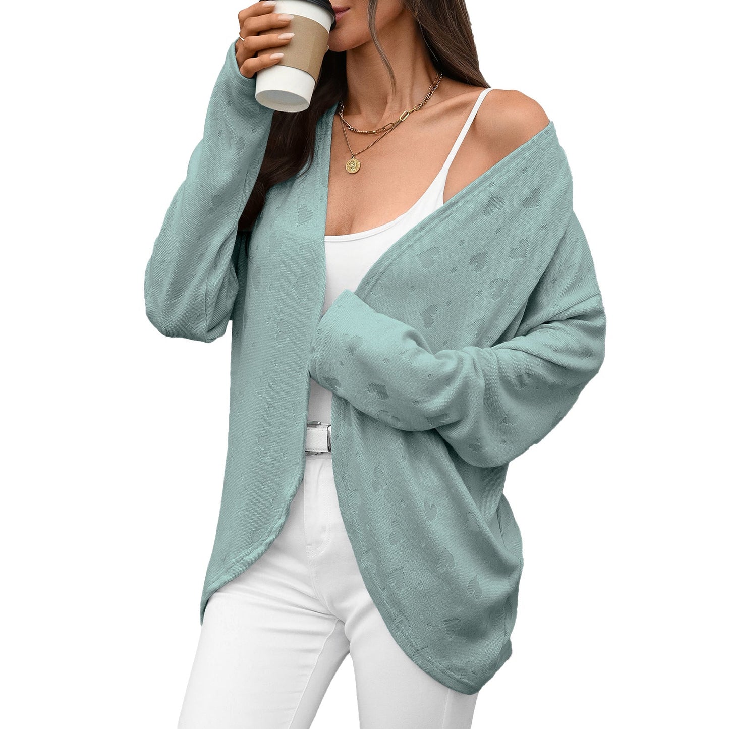 Autumn Winter Solid Color Long Sleeve Cardigan Knitted Jacquard Coat Office Cardigan