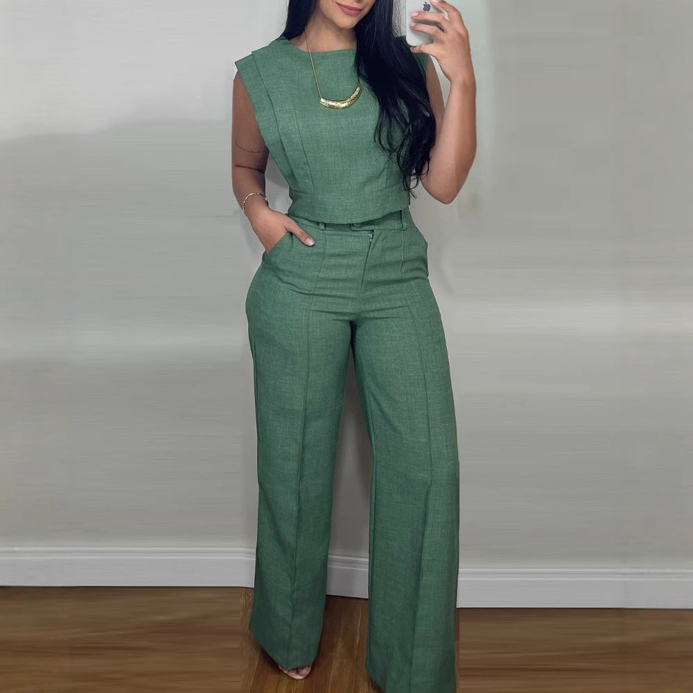 Sleeveless Suit Fashion Round Neck Vest Top And Pocket Straight Pants Casual Trousers Set For Women Clothing