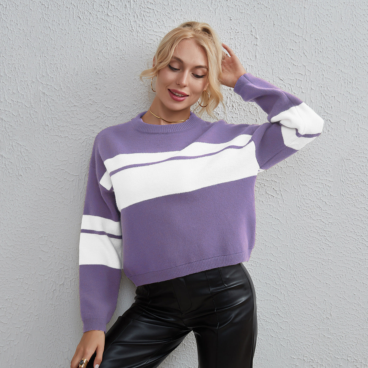 Women Clothing Colorblock All Matching Top Simple Classic Casual Sweater