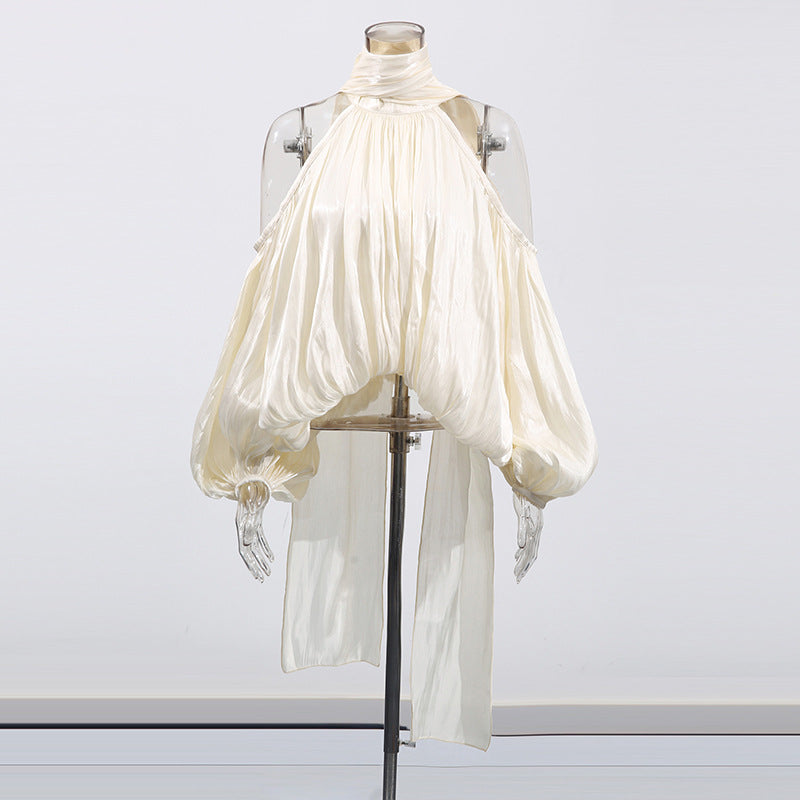 French Style Temperament Bow Lace-up Off-shoulder Chiffon Shirt Women's New Sweet Halter Puff Sleeve Loose Top