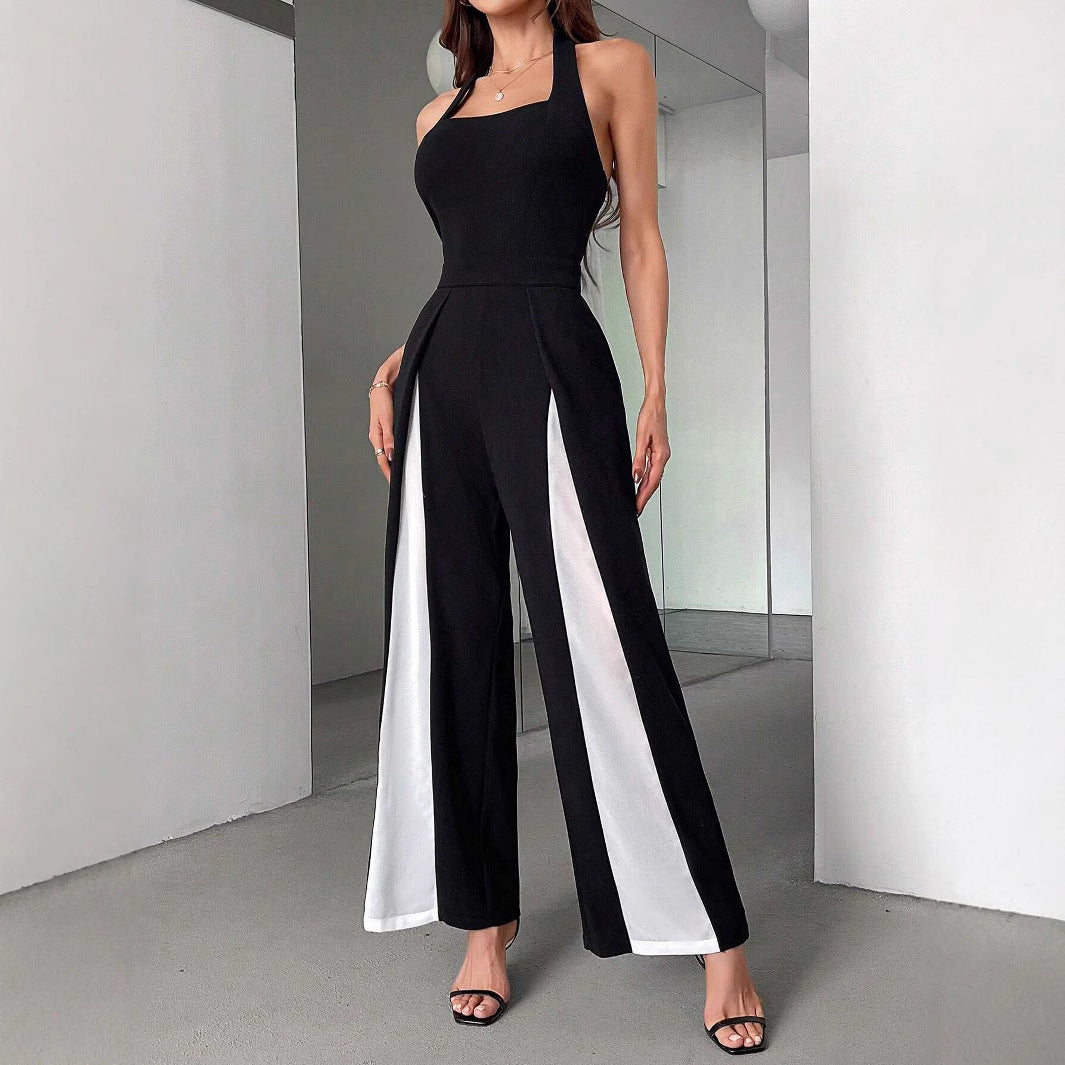 Black And White Straight Leg Halter Jumpsuit