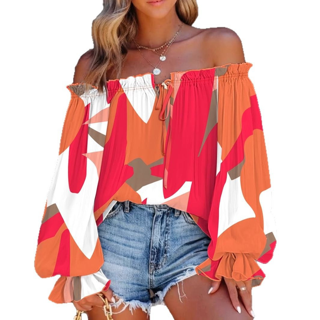 Printed Off-the-shoulder V-neck Lantern Sleeve Shirt