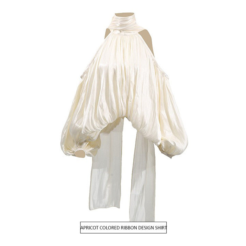 French Style Temperament Bow Lace-up Off-shoulder Chiffon Shirt Women's New Sweet Halter Puff Sleeve Loose Top