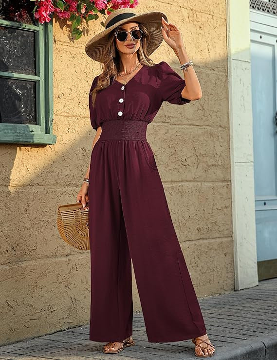 Women Wear Elegant Short Sleeve Collared Waist Tight Jumpsuit Wide Leg Loose Jumpsuit