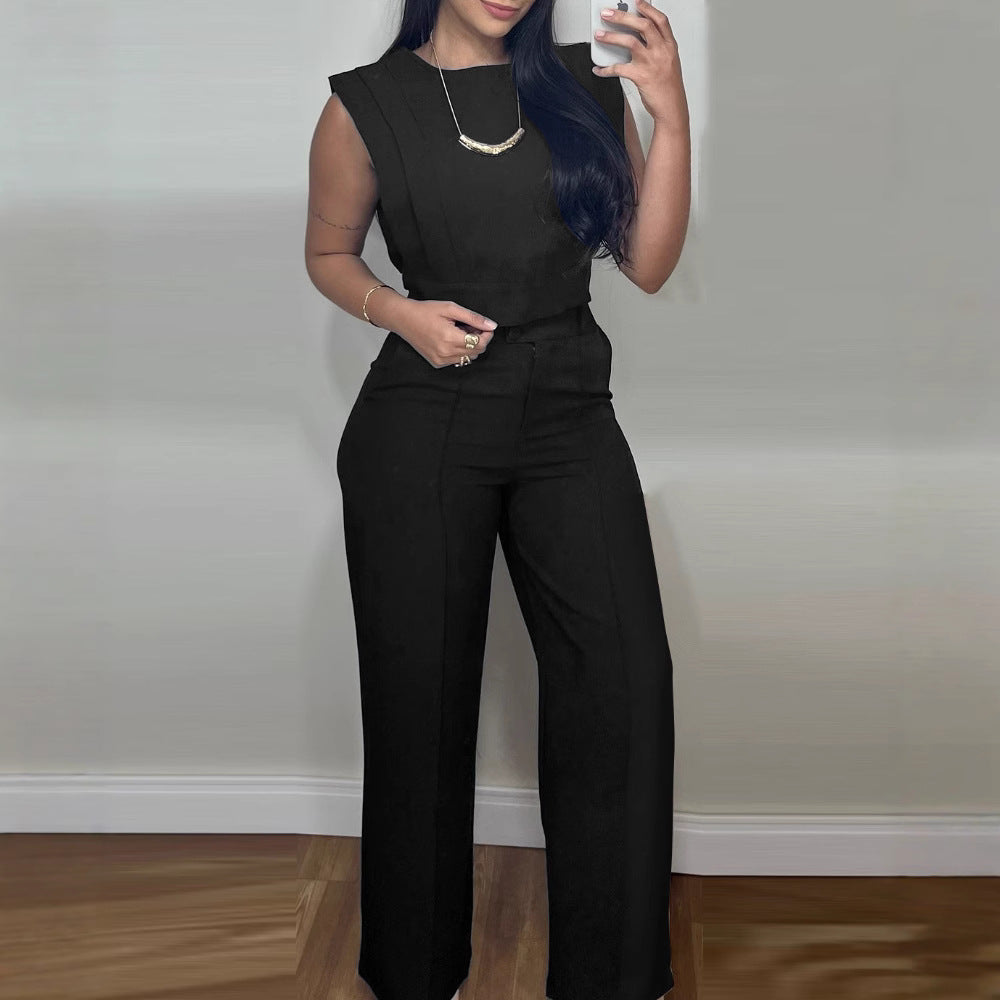Sleeveless Suit Fashion Round Neck Vest Top And Pocket Straight Pants Casual Trousers Set For Women Clothing