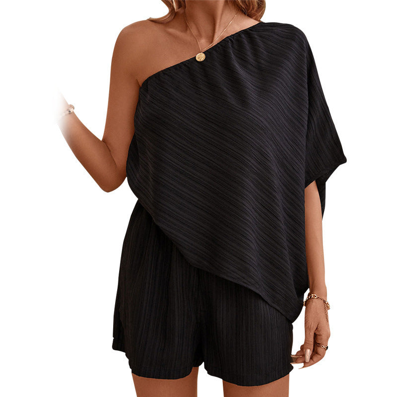 Texture Oblique Shoulder Solid Color Jumpsuit Romper