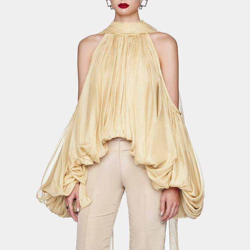 French Style Temperament Bow Lace-up Off-shoulder Chiffon Shirt Women's New Sweet Halter Puff Sleeve Loose Top