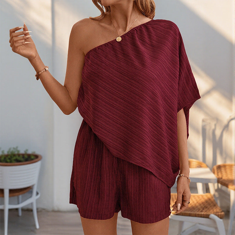 Texture Oblique Shoulder Solid Color Jumpsuit Romper