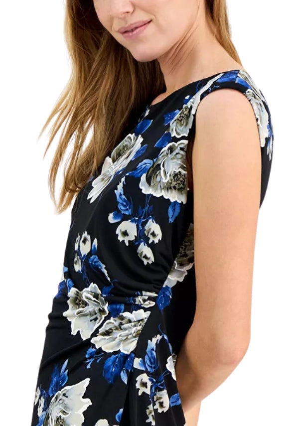 Connected Apparel Floral Print Scoop Neckline Cap Sleeve Side Gathered Sheath Dress