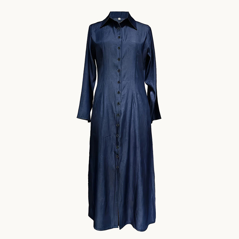Casual Button Down Denim Maxi Dress Long Sleeve Long Jean Dresses With Pockets
