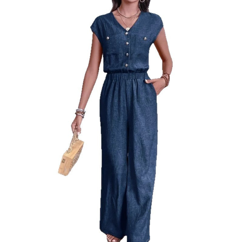 All-matching V-neck Buttons Elastic Waistband Slimming Temperament Jumpsuit