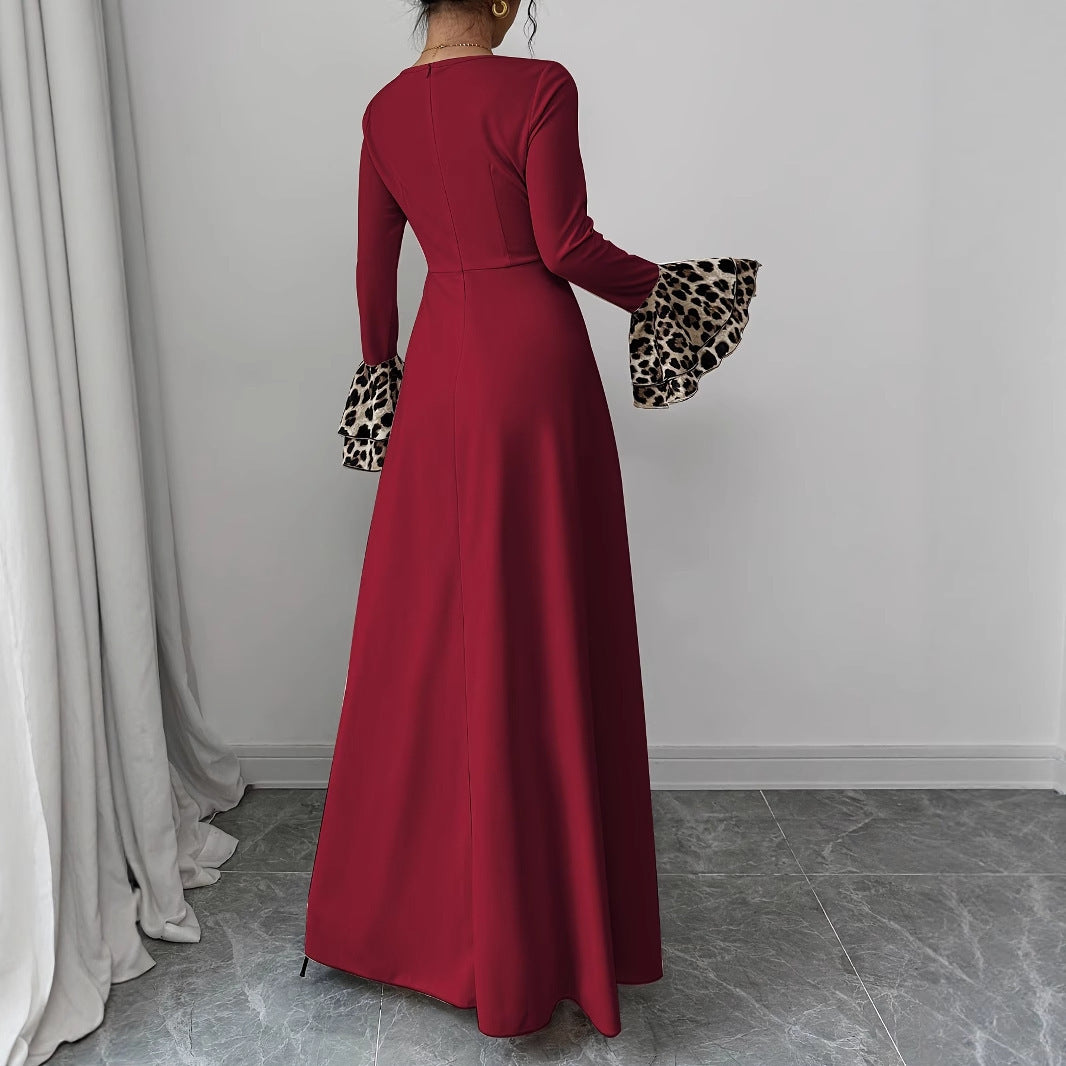 European And American Women's Clothing Leopard Print Contrast Color Long Dress