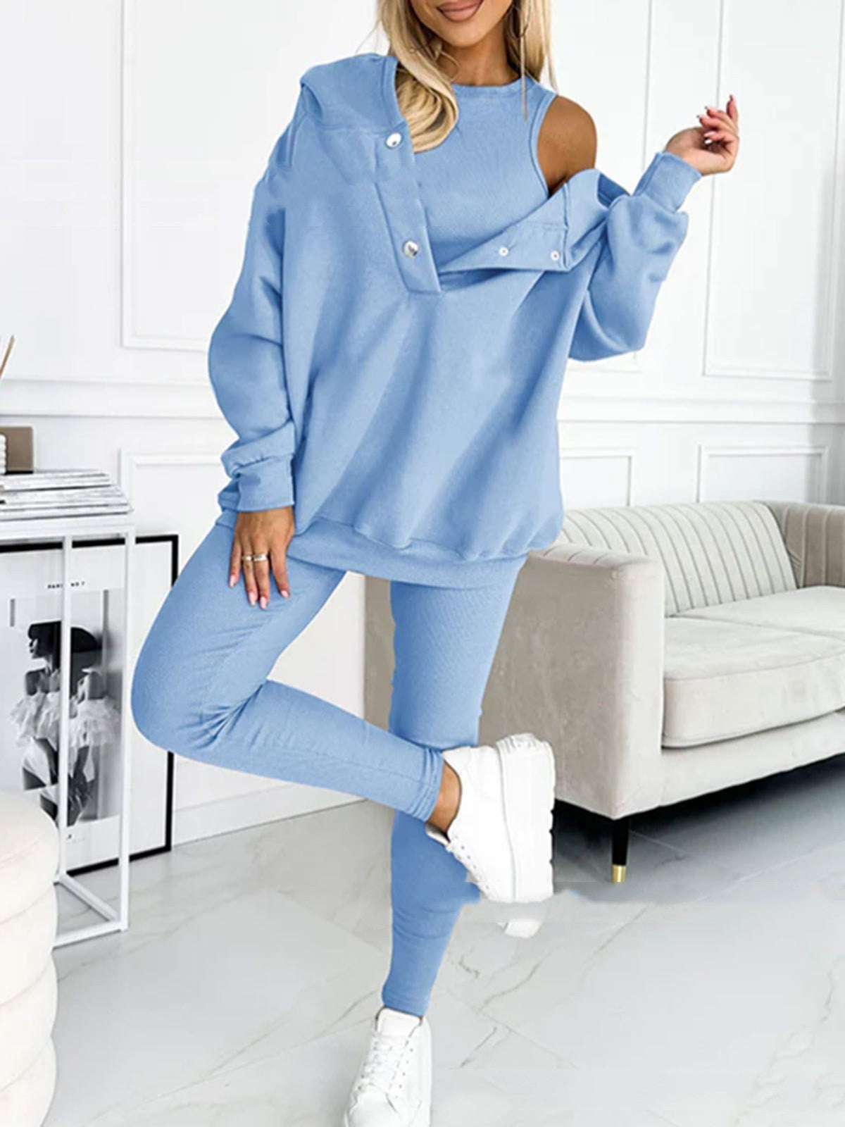 3pc Set Suit Loose Hooded Pockets Sweatshirt And Vest And Slim Trousers