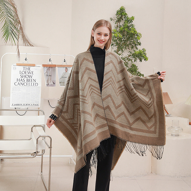 Fashionable With Side-slit Shawl Cape Herringbone Wave Scarf Shawl