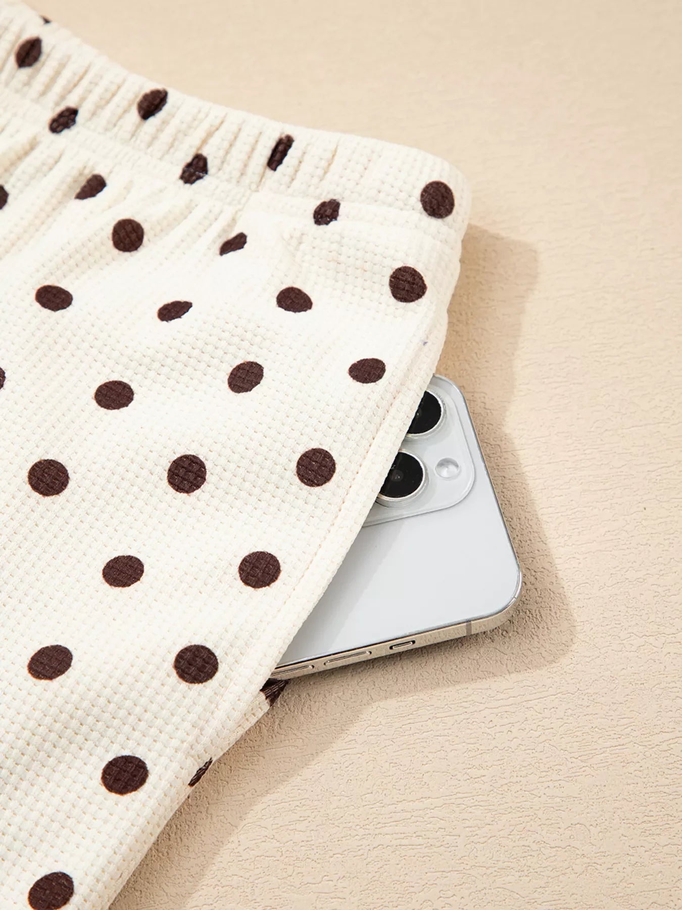 Polka Dot Notched Long Sleeve Top and Drawstring Loungewear Set
