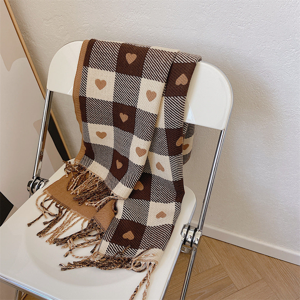 Artificial Cashmere Scarf Female With Hearts Thick Checks Fringe Bib