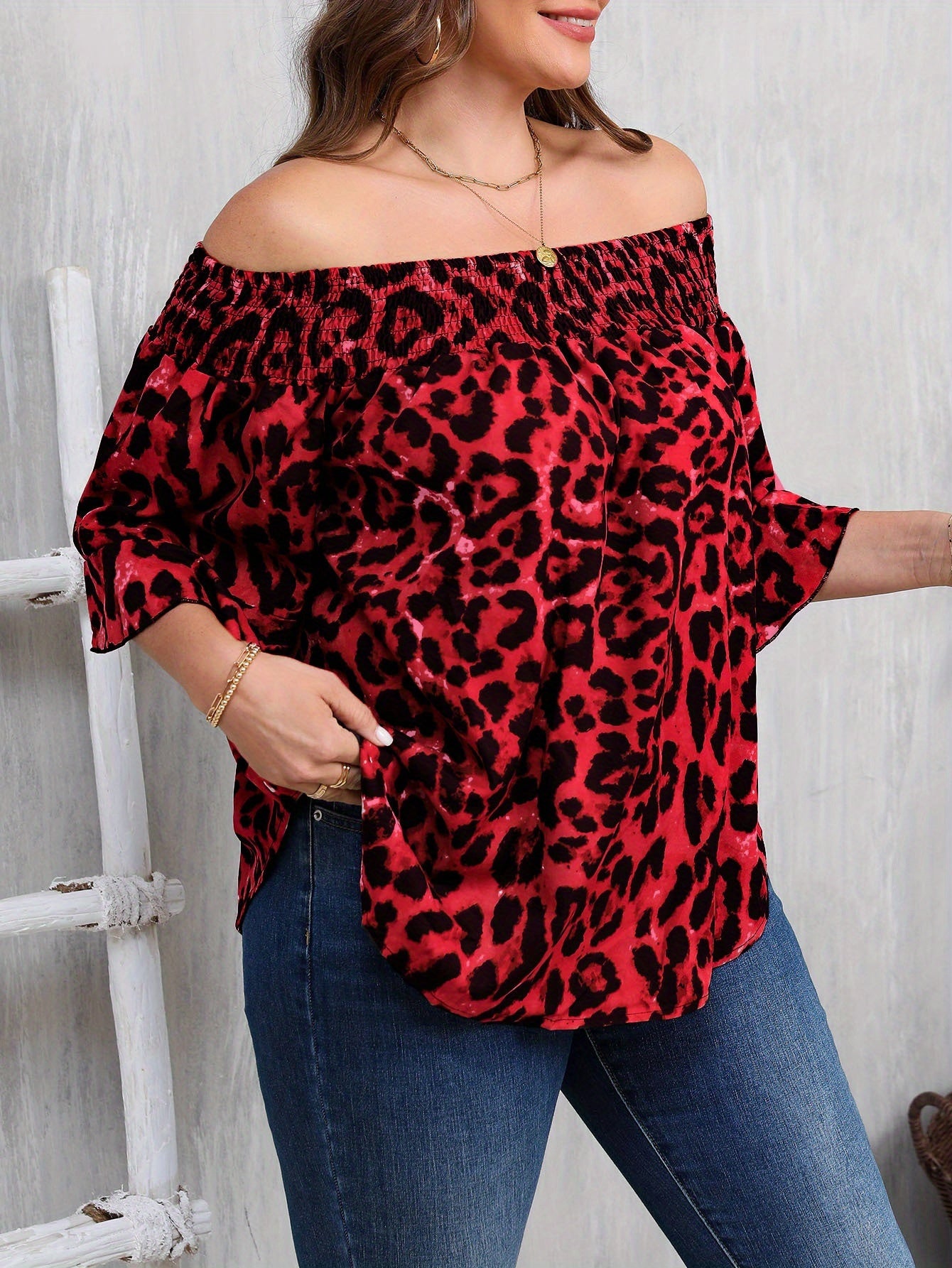 Women's Plus Size Leopard Print Blouse - Elegant Off-Shoulder Ruffle Sleeve Spring Shirt, Plus Size Women's Top
