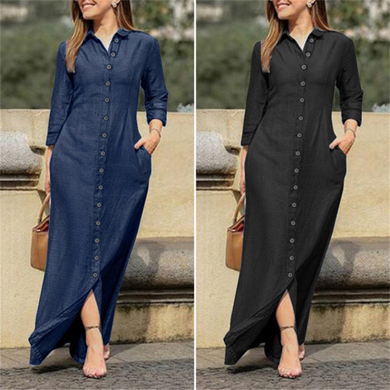 Casual Button Down Denim Maxi Dress Long Sleeve Long Jean Dresses With Pockets