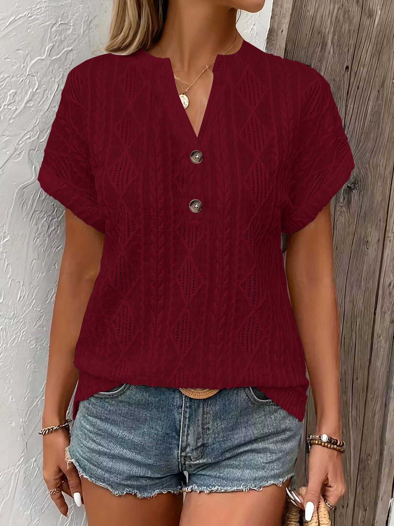 Fashionable Casual Solid-Color Buttoned V-Neck T-Shirt For Women