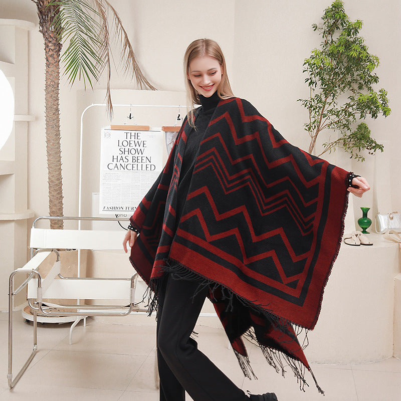Fashionable With Side-slit Shawl Cape Herringbone Wave Scarf Shawl