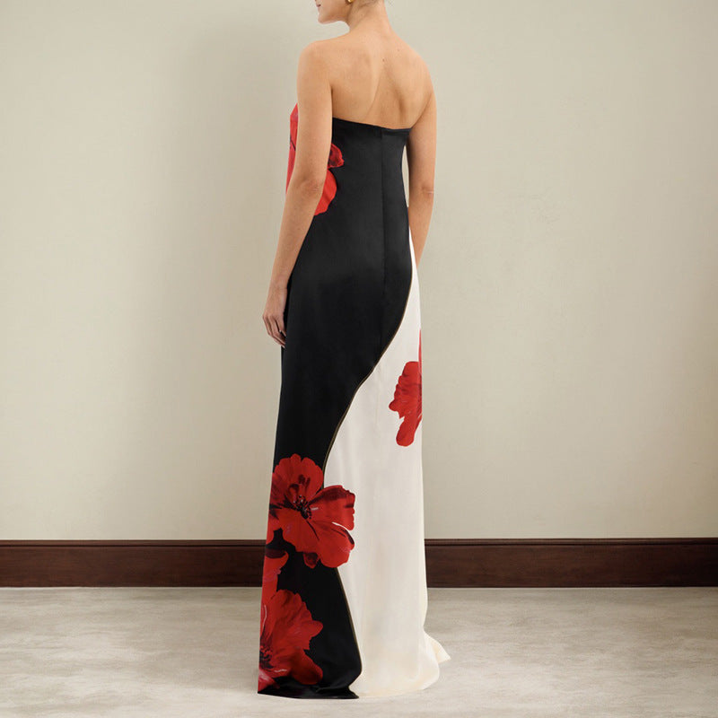 Contrast Color Sleeveless Print Tube Top Length Dress