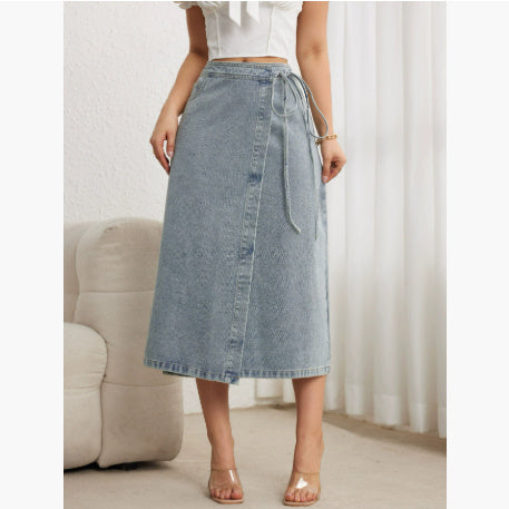 Women's Waist Slit Blue Denim Skirt