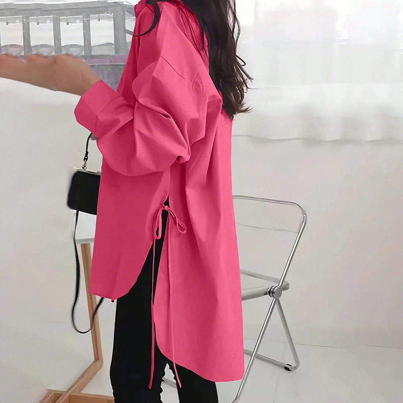Women's Casual Loose-Fit Long Sleeve Shirt - Side Slit Tie Detail Button-Down Blouse, Solid Color Spring&Fall Top