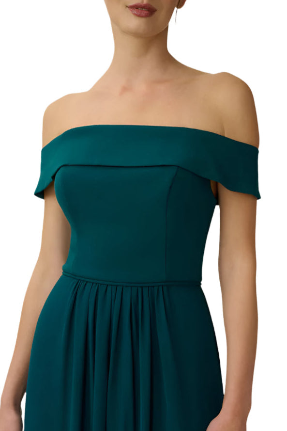 Adrianna Papell Off Shoulder Zipper Back Ruched Piping Detail Crepe Chiffon Dress