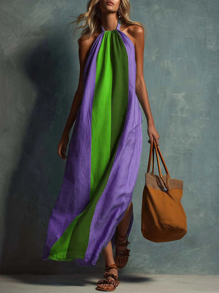 Neck-hanging Color-block Sleeveless Womens Long Dress