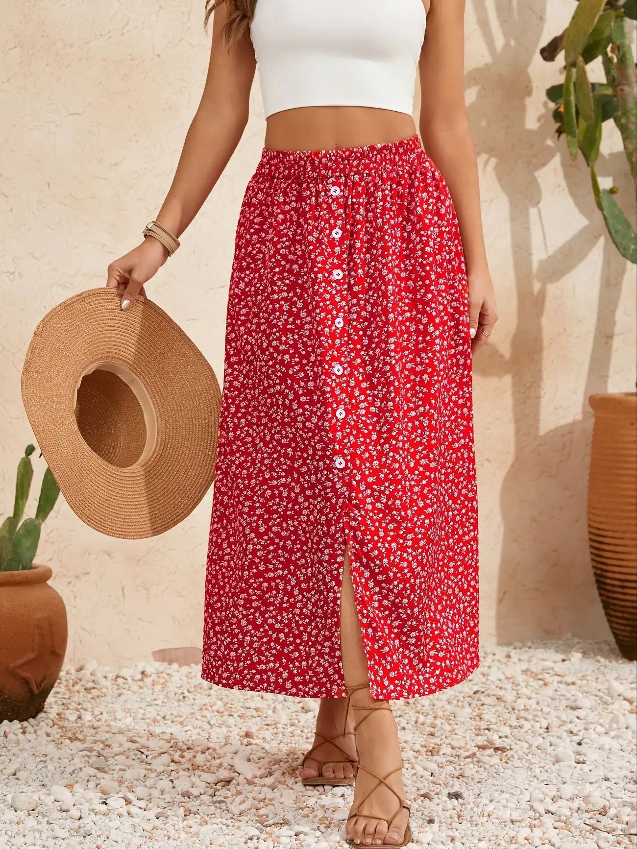 European And American Printed Breasted Self-tie Summer Pastoral A- Line Skirt Advanced Skirt